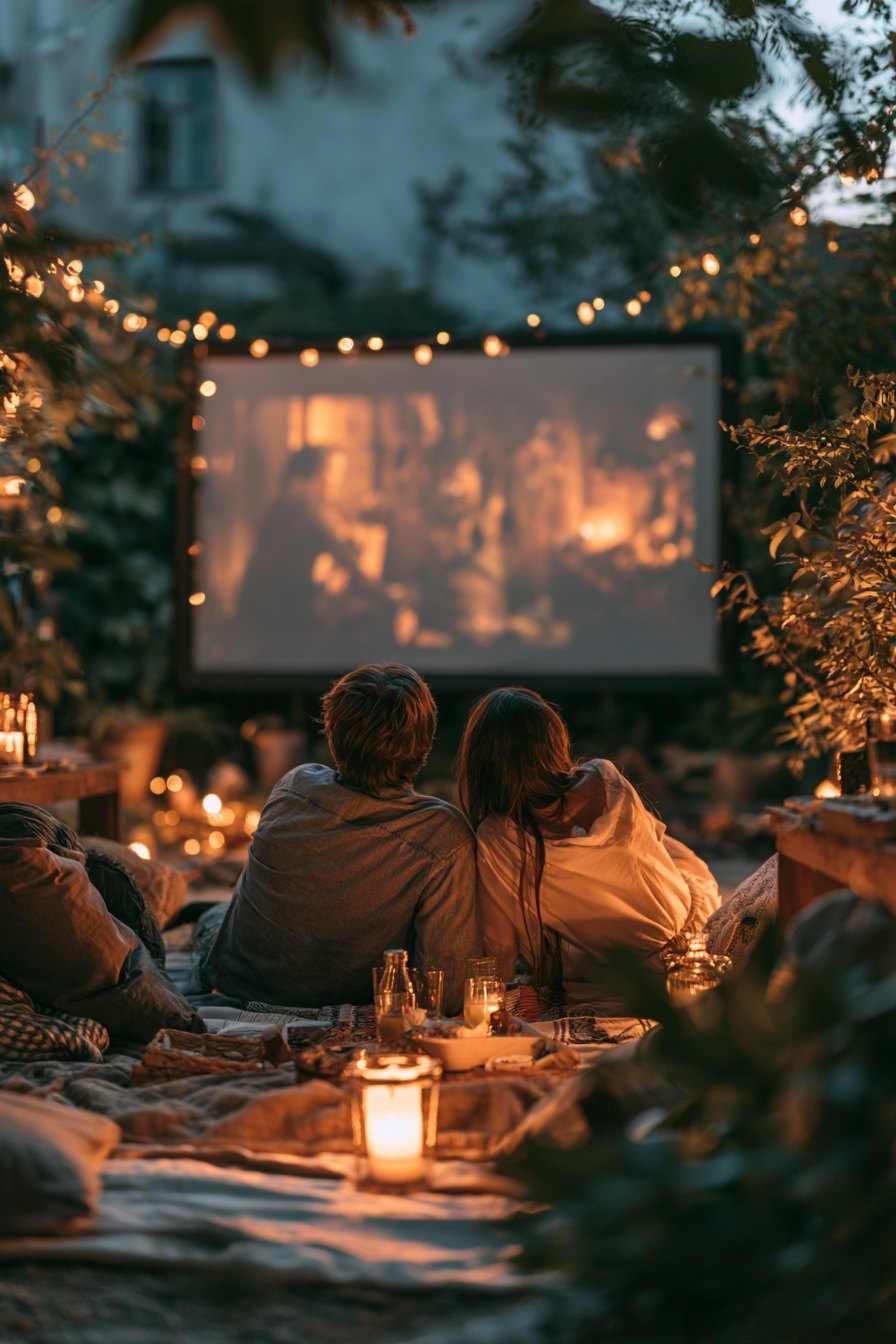 A cozy living room at night decorated with pumpkins and candles, TV glowing with a horror movie ready to play