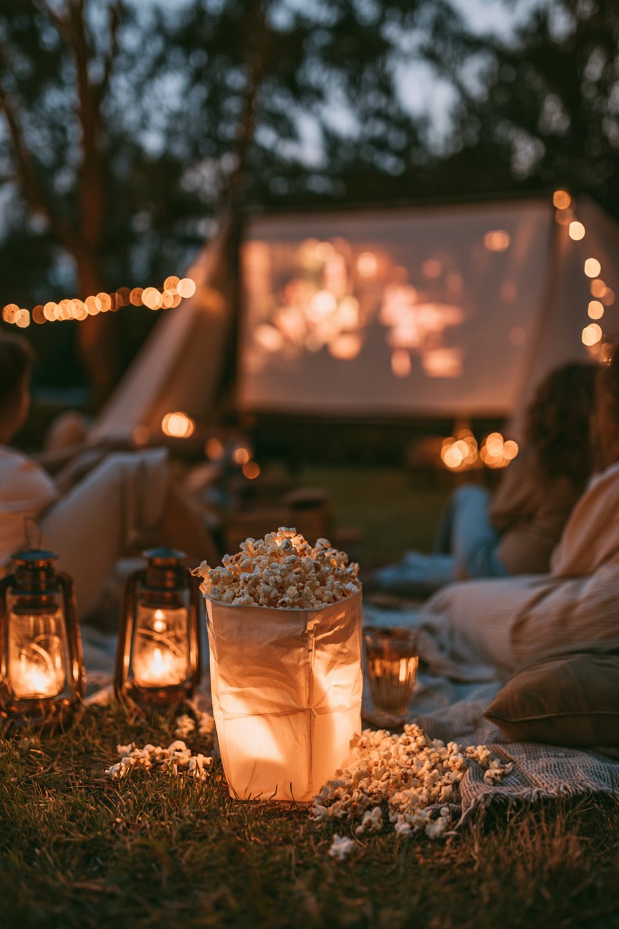 Cozy living room decorated with pumpkins and candles set up for a Halloween movie night