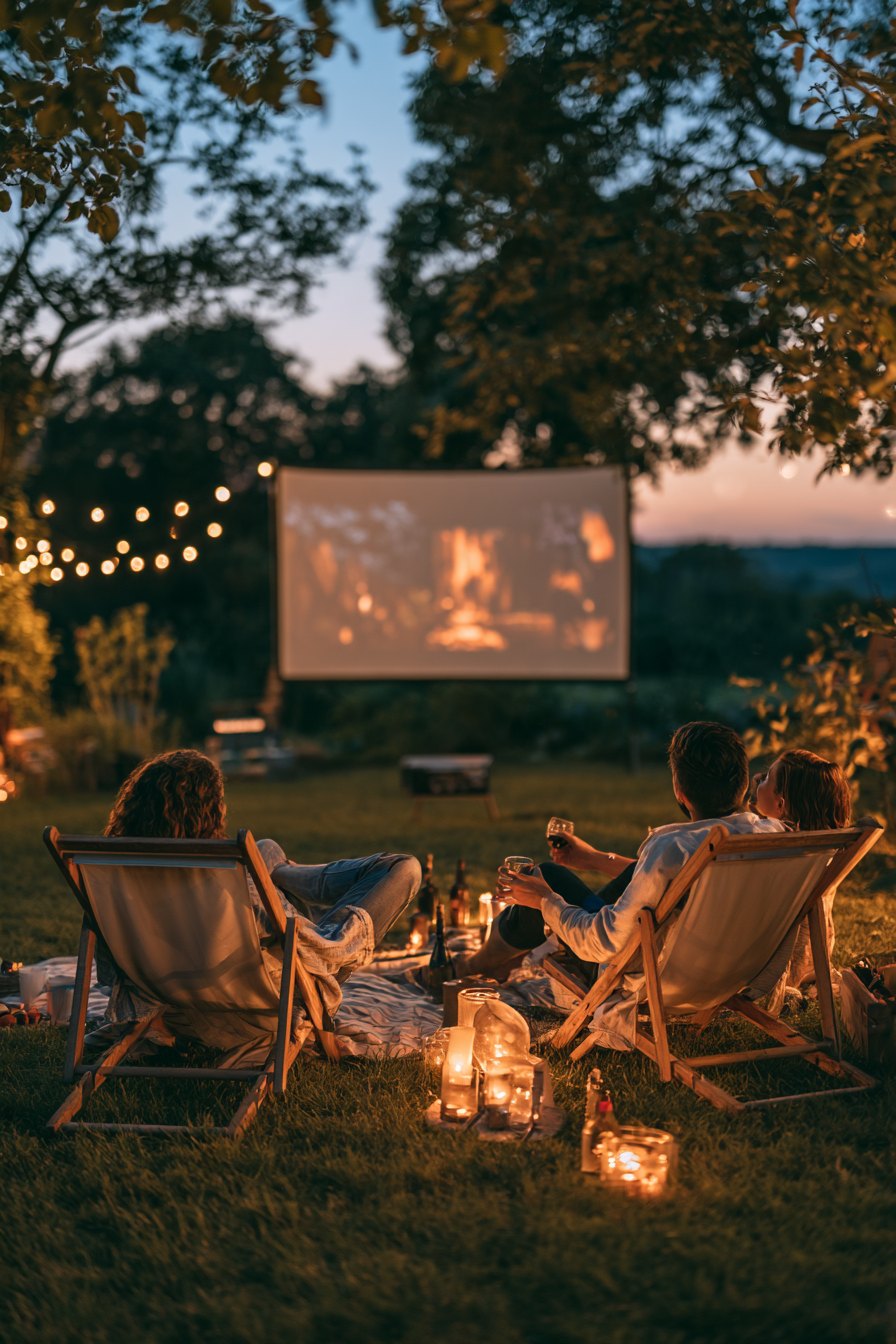 Backyard outdoor movie night setup with a large inflatable screen showing a spooky Halloween scene surrounded by jack-o-lanterns and string lights