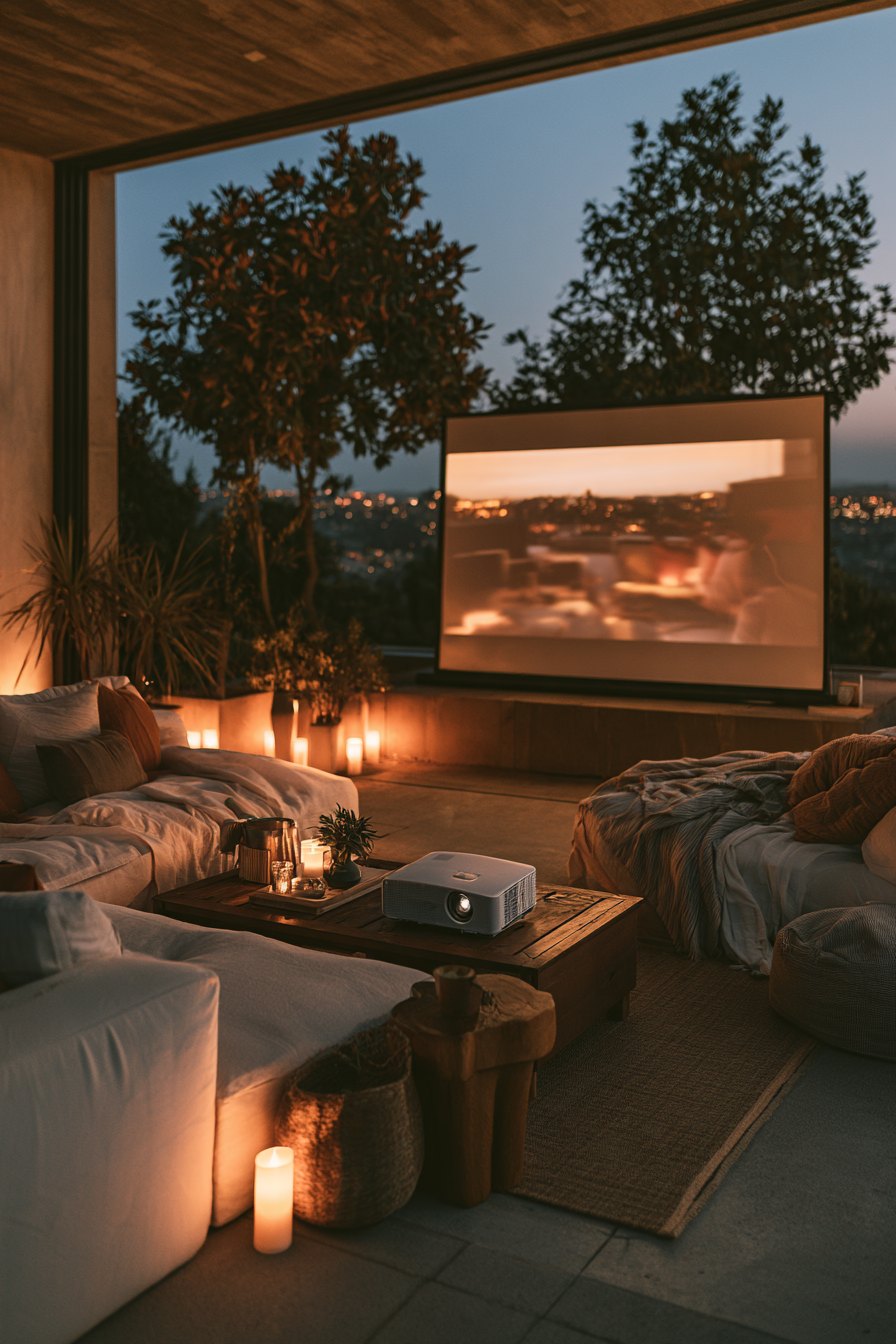 A living room with a projector beam casting a large movie image on a white wall while viewers sit on a couch in dim lighting