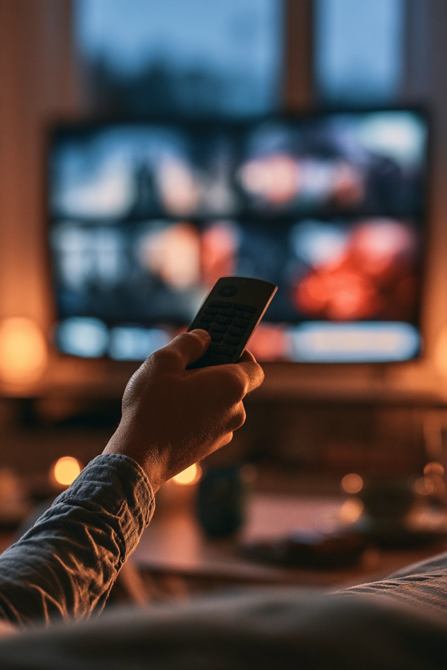 A streaming device plugged into the HDMI port of a large smart TV in a modern living room