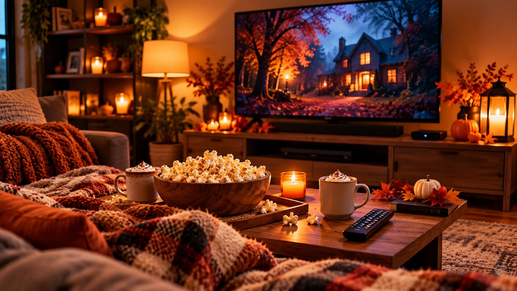 Cozy fall living room with a TV, warm lighting, blankets, popcorn and a streaming device ready for movie night.